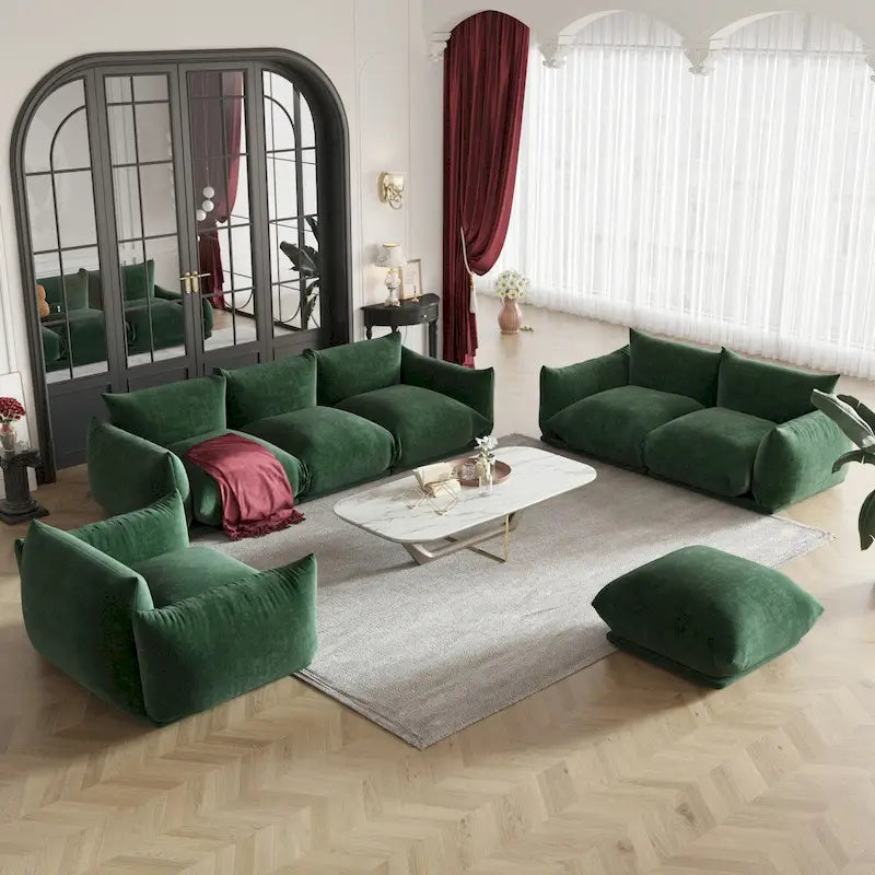 Ensembles de canapés modernes 3 pièces en velours chenille pour salon, comprenant un fauteuil, une causeuse, un canapé trois places et un ottoman.