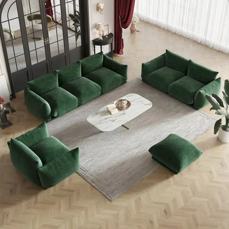 Ensembles de canapés modernes 3 pièces en velours chenille pour salon, comprenant un fauteuil, une causeuse, un canapé trois places et un ottoman.