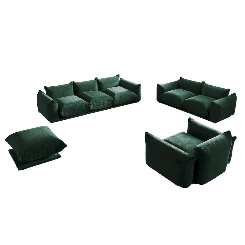Ensembles de canapés modernes 3 pièces en velours chenille pour salon, comprenant un fauteuil, une causeuse, un canapé trois places et un ottoman.