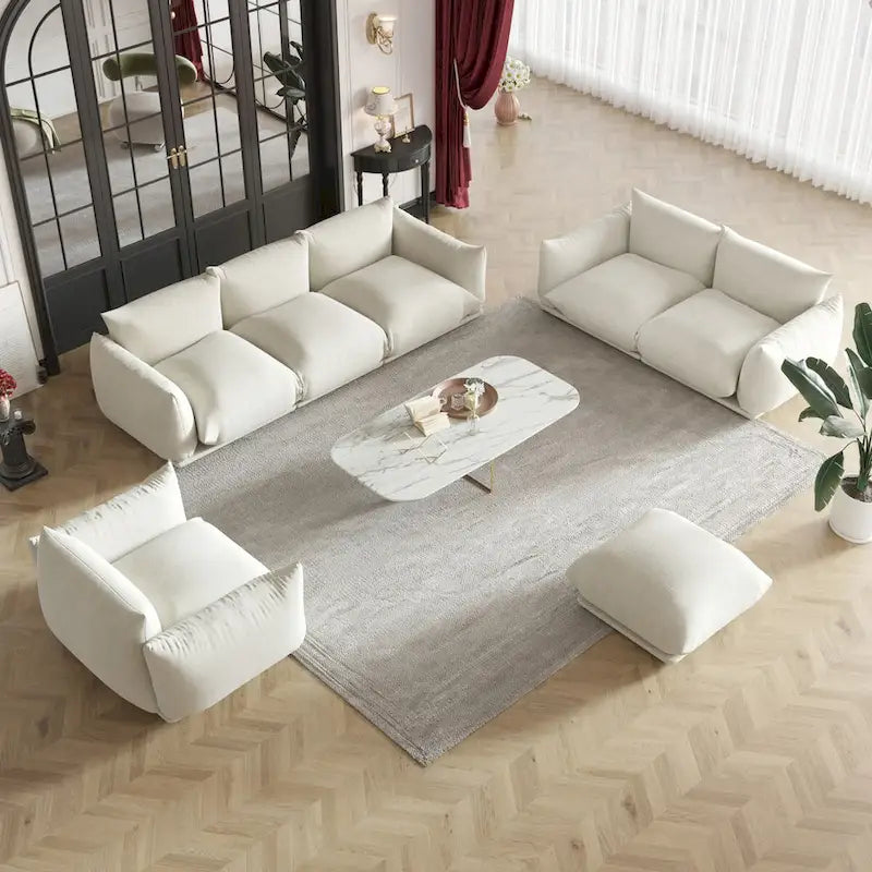 Ensembles de canapés modernes 3 pièces en velours chenille pour salon, comprenant un fauteuil, une causeuse, un canapé trois places et un ottoman.