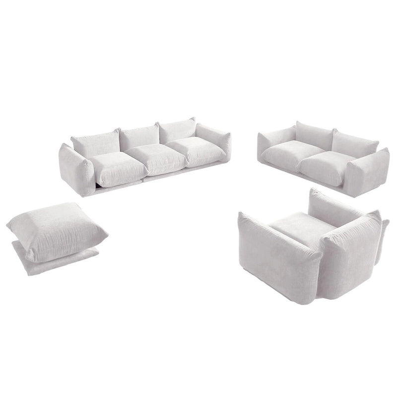 Ensembles de canapés modernes 3 pièces en velours chenille pour salon, comprenant un fauteuil, une causeuse, un canapé trois places et un ottoman.