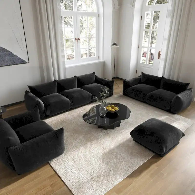 Ensembles de canapés modernes 3 pièces en velours chenille pour salon, comprenant un fauteuil, une causeuse, un canapé trois places et un ottoman.