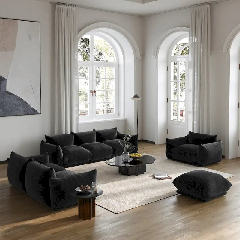 Ensembles de canapés modernes 3 pièces en velours chenille pour salon, comprenant un fauteuil, une causeuse, un canapé trois places et un ottoman.