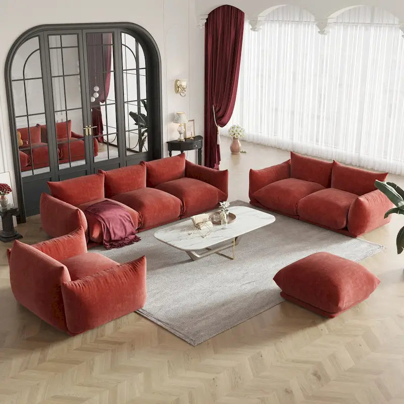 Ensembles de canapés modernes 3 pièces en velours chenille pour salon, comprenant un fauteuil, une causeuse, un canapé trois places et un ottoman.