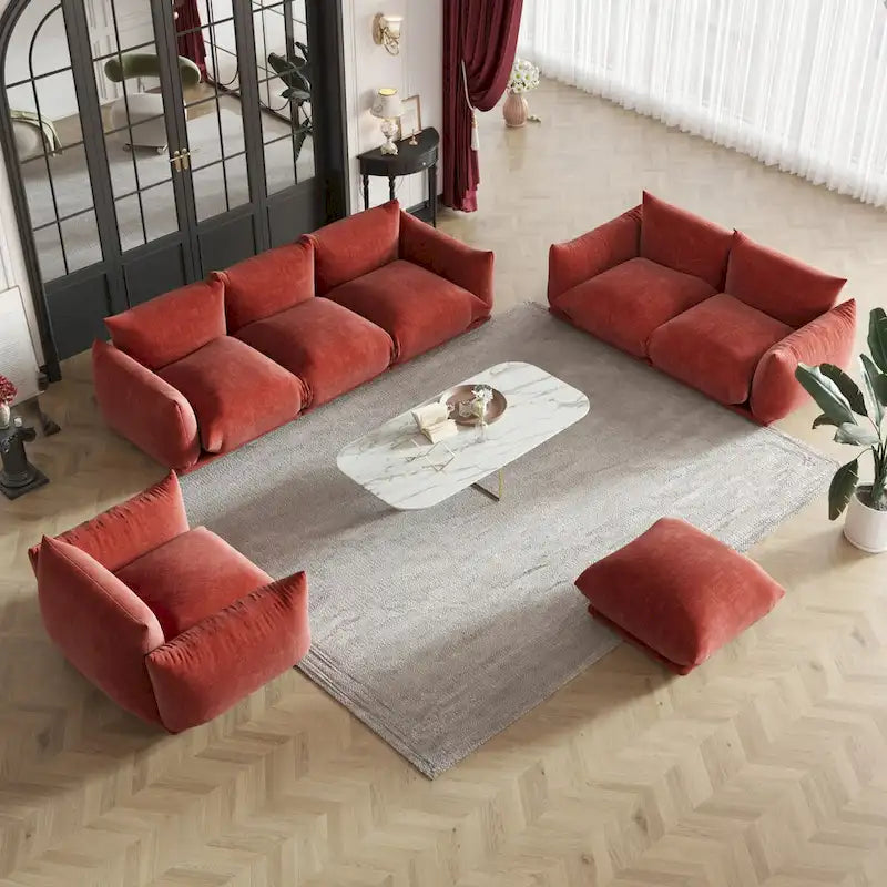 Ensembles de canapés modernes 3 pièces en velours chenille pour salon, comprenant un fauteuil, une causeuse, un canapé trois places et un ottoman.