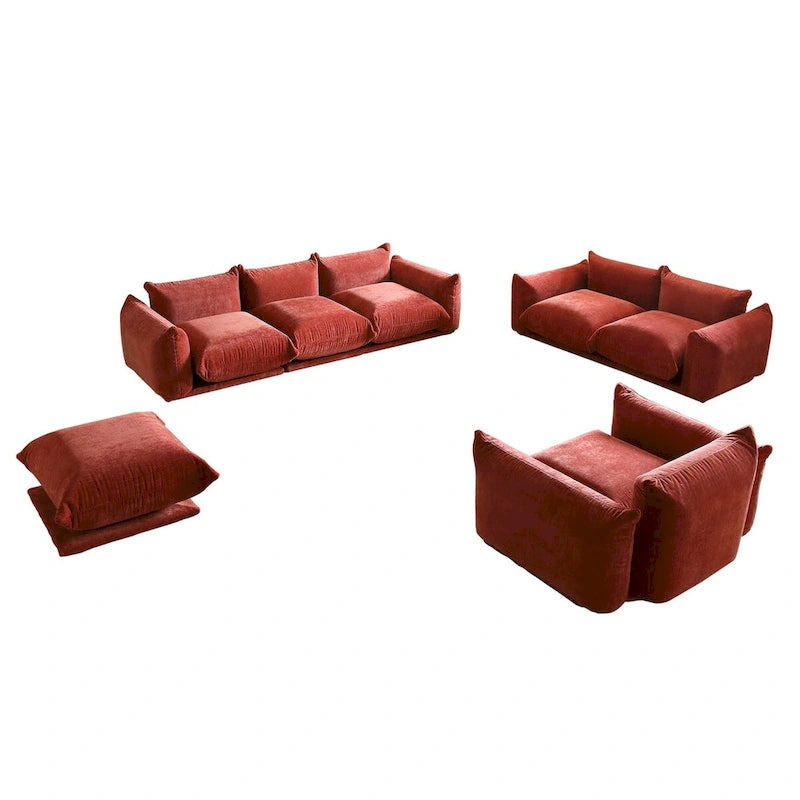 Ensembles de canapés modernes 3 pièces en velours chenille pour salon, comprenant un fauteuil, une causeuse, un canapé trois places et un ottoman.