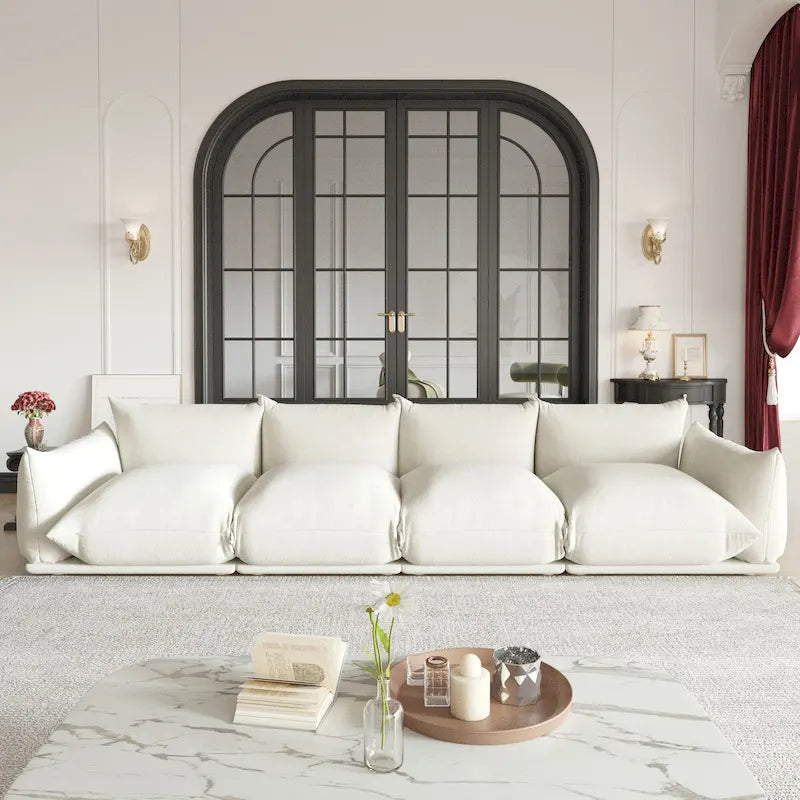 Grand canapé sectionnel 4 places de style Mid-Century Modern, en chenille, avec coussin épais