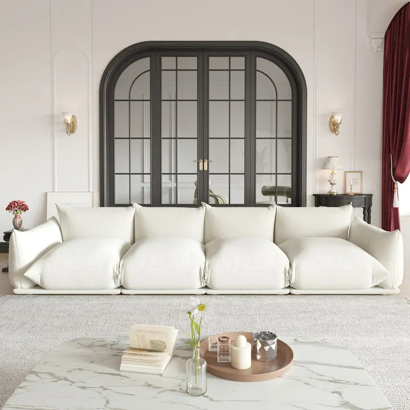 Grand canapé sectionnel 4 places de style Mid-Century Modern, en chenille, avec coussin épais