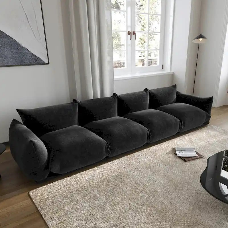 Grand canapé sectionnel 4 places de style Mid-Century Modern, en chenille, avec coussin épais