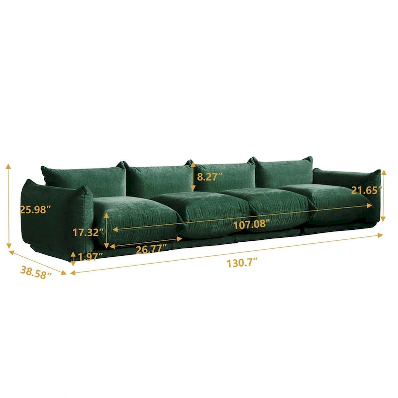 Grand canapé sectionnel 4 places de style Mid-Century Modern, en chenille, avec coussin épais