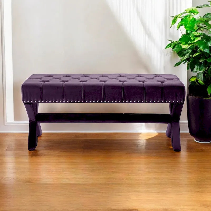 HomeRoots Banc capitonné en velours prune 45 - 45,27L x 19,68W x 19,29H
