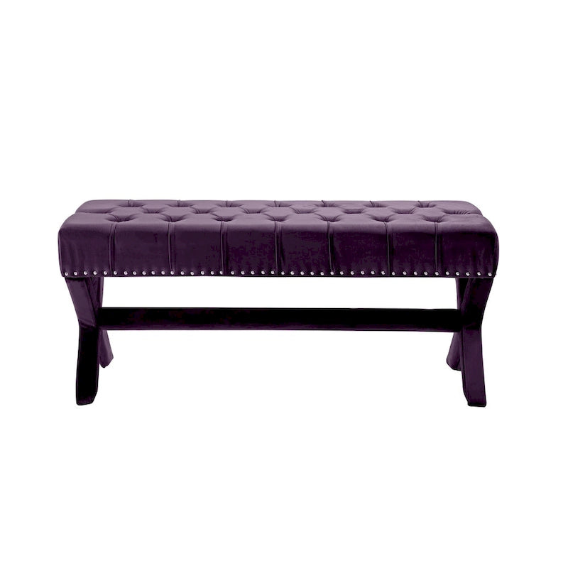 HomeRoots Banc capitonné en velours prune 45 - 45,27L x 19,68W x 19,29H