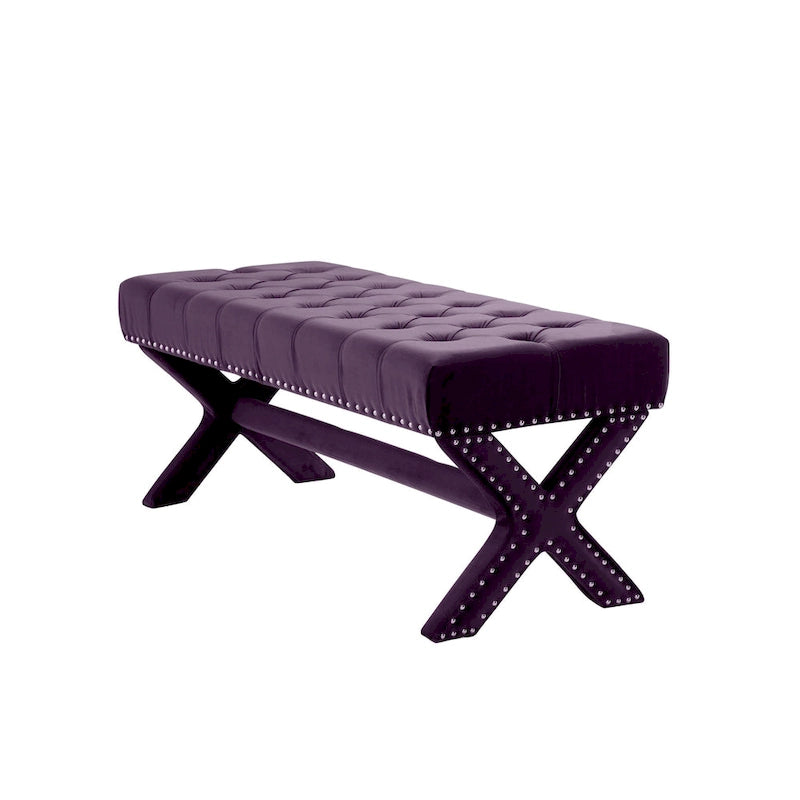 HomeRoots Banc capitonné en velours prune 45 - 45,27L x 19,68W x 19,29H
