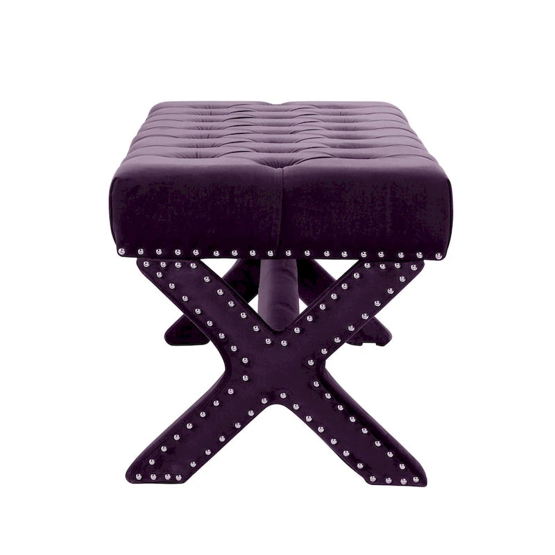HomeRoots Banc capitonné en velours prune 45 - 45,27L x 19,68W x 19,29H