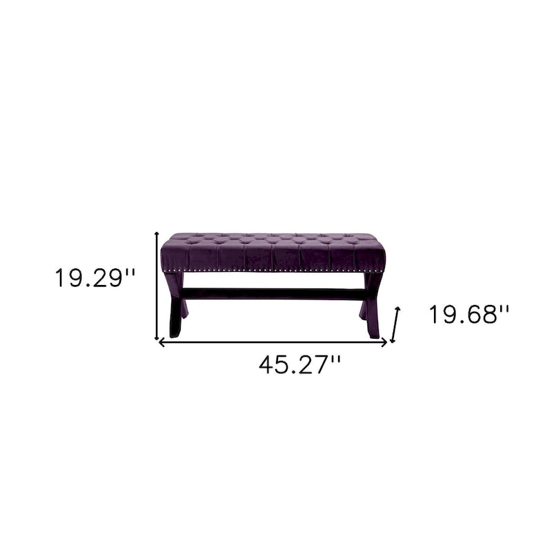 HomeRoots Banc capitonné en velours prune 45 - 45,27L x 19,68W x 19,29H