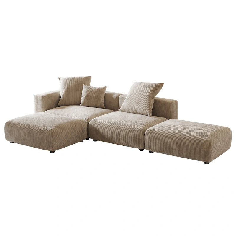 Canapé modulable en forme de L, revêtu de velours côtelé, avec méridienne, pouf et 3 coussins