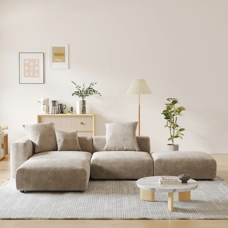 Canapé modulable en forme de L, revêtu de velours côtelé, avec méridienne, pouf et 3 coussins