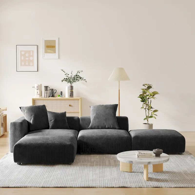 Canapé modulable en forme de L, revêtu de velours côtelé, avec méridienne, pouf et 3 coussins