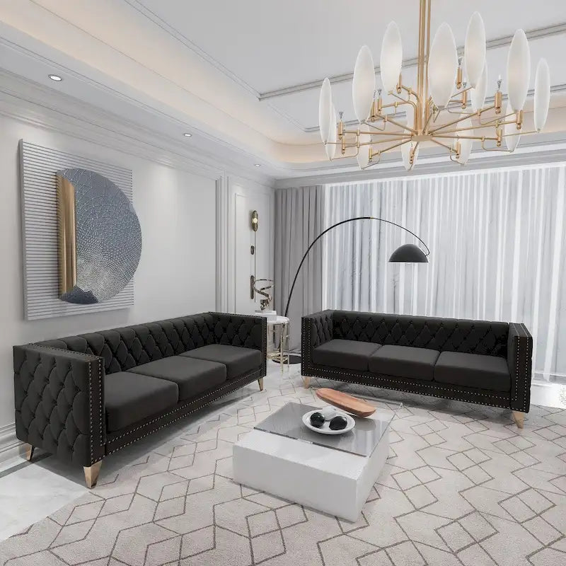 Canapé 3 places 2 pièces en velours, canapé Chesterfield classique avec boutons touffetés, accoudoirs carrés, clous décoratifs et pieds en métal