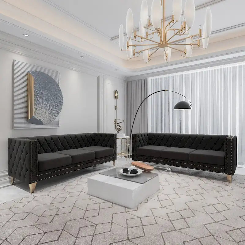 Canapé 3 places 2 pièces en velours, canapé Chesterfield classique avec boutons touffetés, accoudoirs carrés, clous décoratifs et pieds en métal