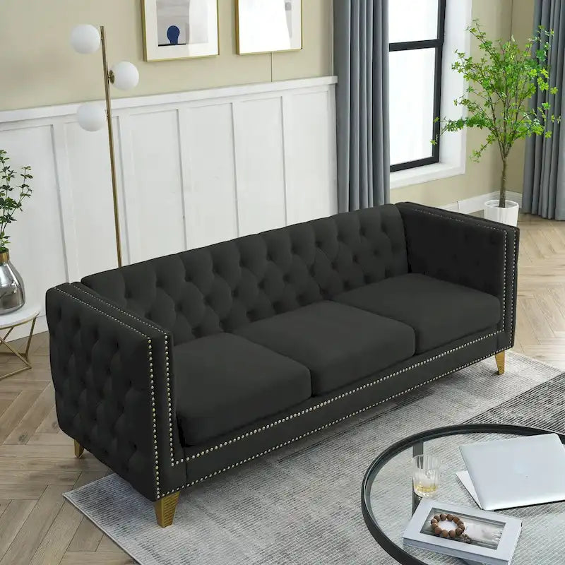 Canapé 3 places 2 pièces en velours, canapé Chesterfield classique avec boutons touffetés, accoudoirs carrés, clous décoratifs et pieds en métal
