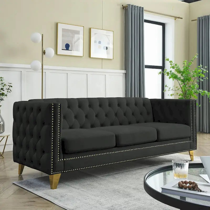 Canapé 3 places 2 pièces en velours, canapé Chesterfield classique avec boutons touffetés, accoudoirs carrés, clous décoratifs et pieds en métal