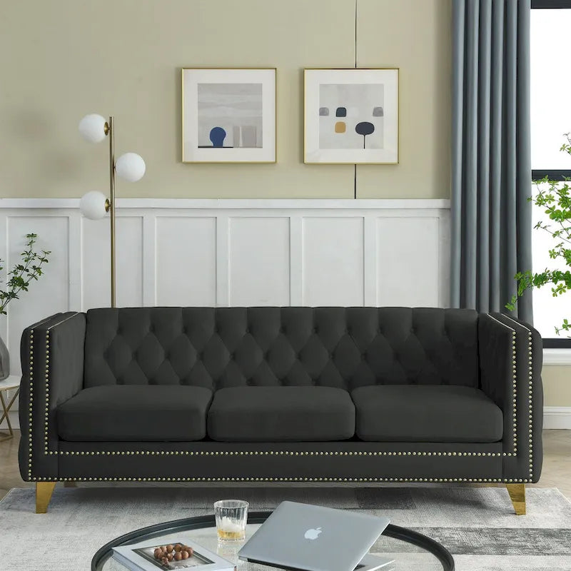 Canapé 3 places 2 pièces en velours, canapé Chesterfield classique avec boutons touffetés, accoudoirs carrés, clous décoratifs et pieds en métal