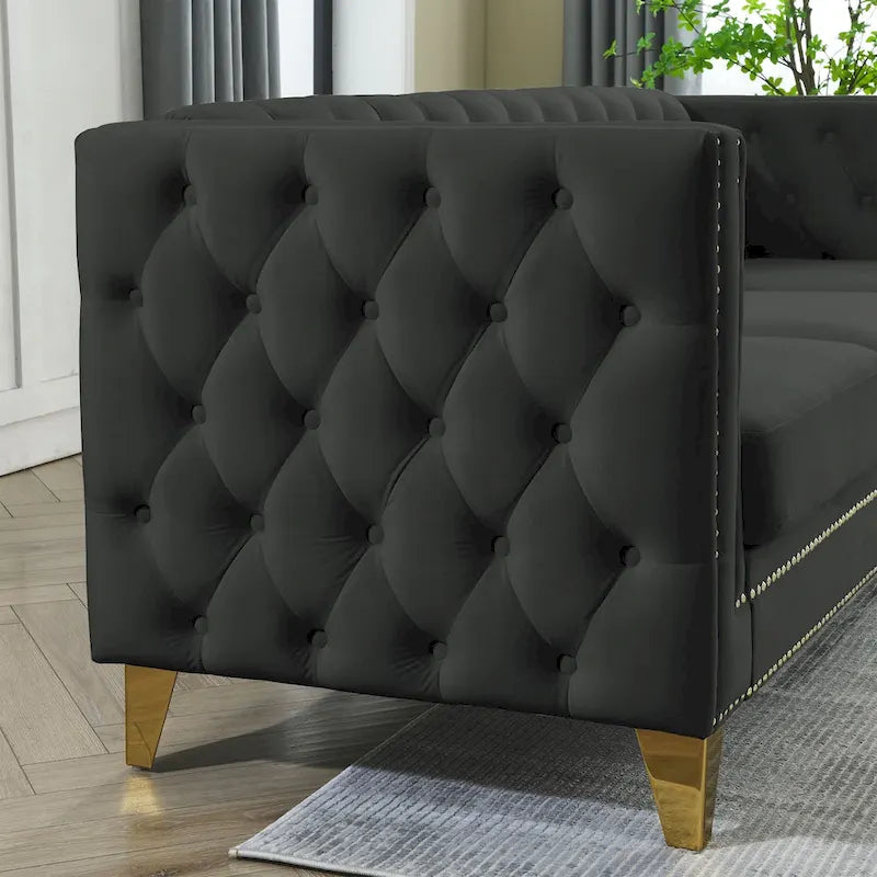 Canapé 3 places 2 pièces en velours, canapé Chesterfield classique avec boutons touffetés, accoudoirs carrés, clous décoratifs et pieds en métal