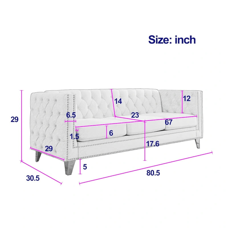 Canapé 3 places 2 pièces en velours, canapé Chesterfield classique avec boutons touffetés, accoudoirs carrés, clous décoratifs et pieds en métal