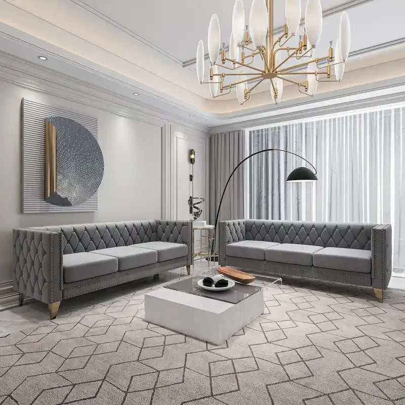 Canapé 3 places 2 pièces en velours, canapé Chesterfield classique avec boutons touffetés, accoudoirs carrés, clous décoratifs et pieds en métal