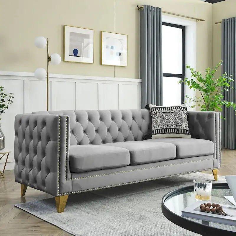 Canapé 3 places 2 pièces en velours, canapé Chesterfield classique avec boutons touffetés, accoudoirs carrés, clous décoratifs et pieds en métal