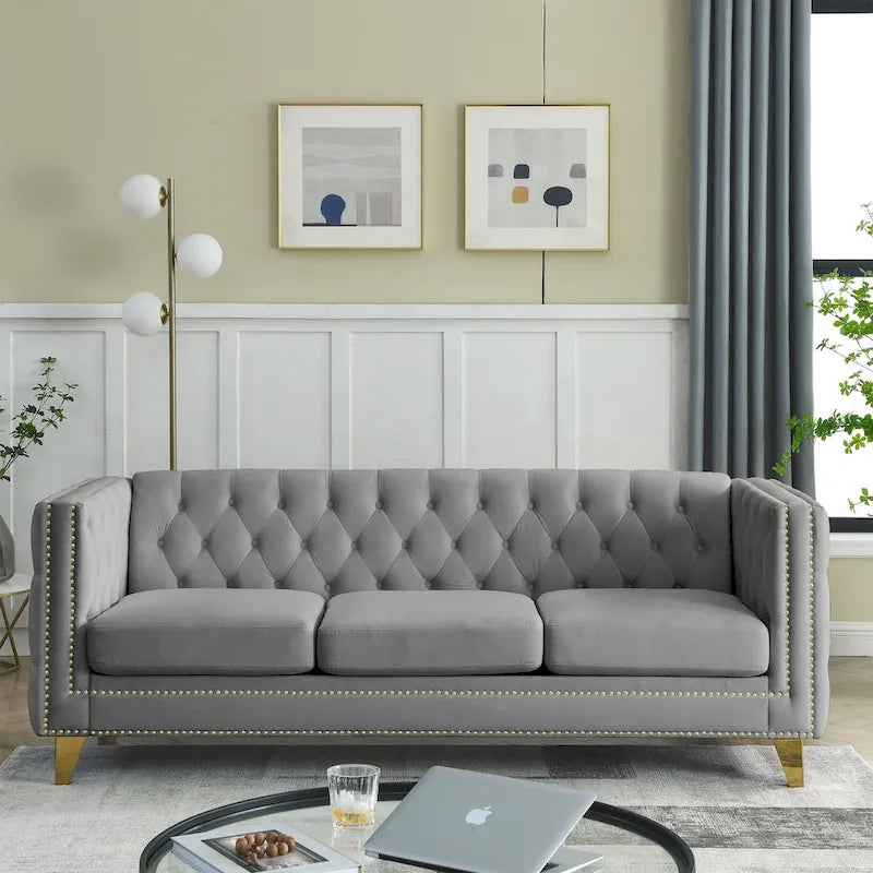 Canapé 3 places 2 pièces en velours, canapé Chesterfield classique avec boutons touffetés, accoudoirs carrés, clous décoratifs et pieds en métal