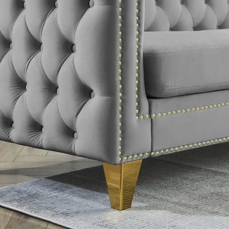 Canapé 3 places 2 pièces en velours, canapé Chesterfield classique avec boutons touffetés, accoudoirs carrés, clous décoratifs et pieds en métal