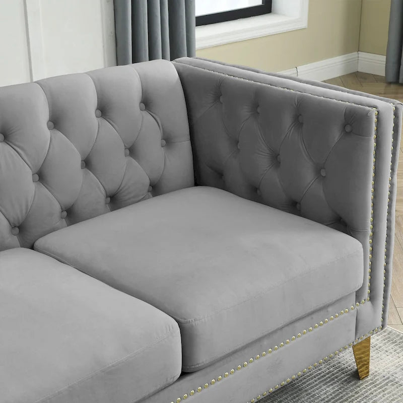Canapé 3 places 2 pièces en velours, canapé Chesterfield classique avec boutons touffetés, accoudoirs carrés, clous décoratifs et pieds en métal