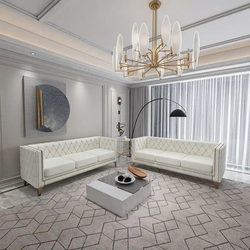Canapé 3 places 2 pièces en velours, canapé Chesterfield classique avec boutons touffetés, accoudoirs carrés, clous décoratifs et pieds en métal