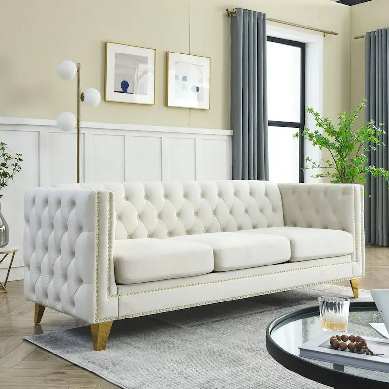 Canapé 3 places 2 pièces en velours, canapé Chesterfield classique avec boutons touffetés, accoudoirs carrés, clous décoratifs et pieds en métal