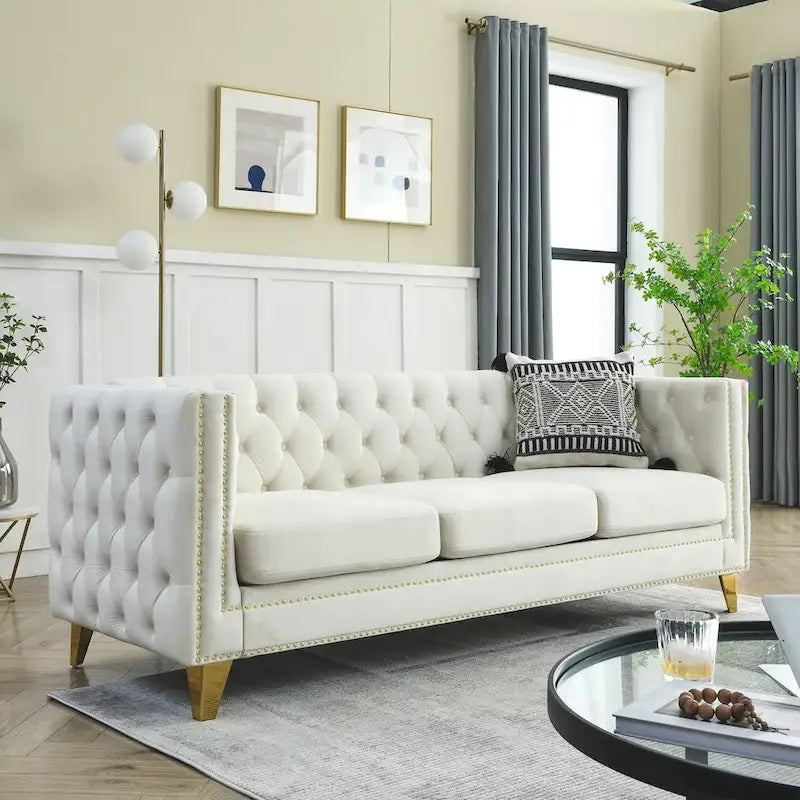 Canapé 3 places 2 pièces en velours, canapé Chesterfield classique avec boutons touffetés, accoudoirs carrés, clous décoratifs et pieds en métal