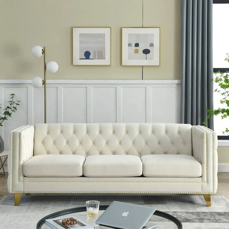Canapé 3 places 2 pièces en velours, canapé Chesterfield classique avec boutons touffetés, accoudoirs carrés, clous décoratifs et pieds en métal