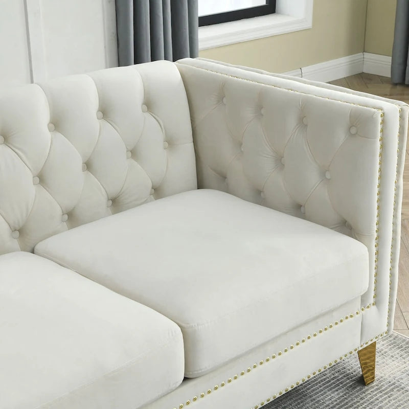 Canapé 3 places 2 pièces en velours, canapé Chesterfield classique avec boutons touffetés, accoudoirs carrés, clous décoratifs et pieds en métal