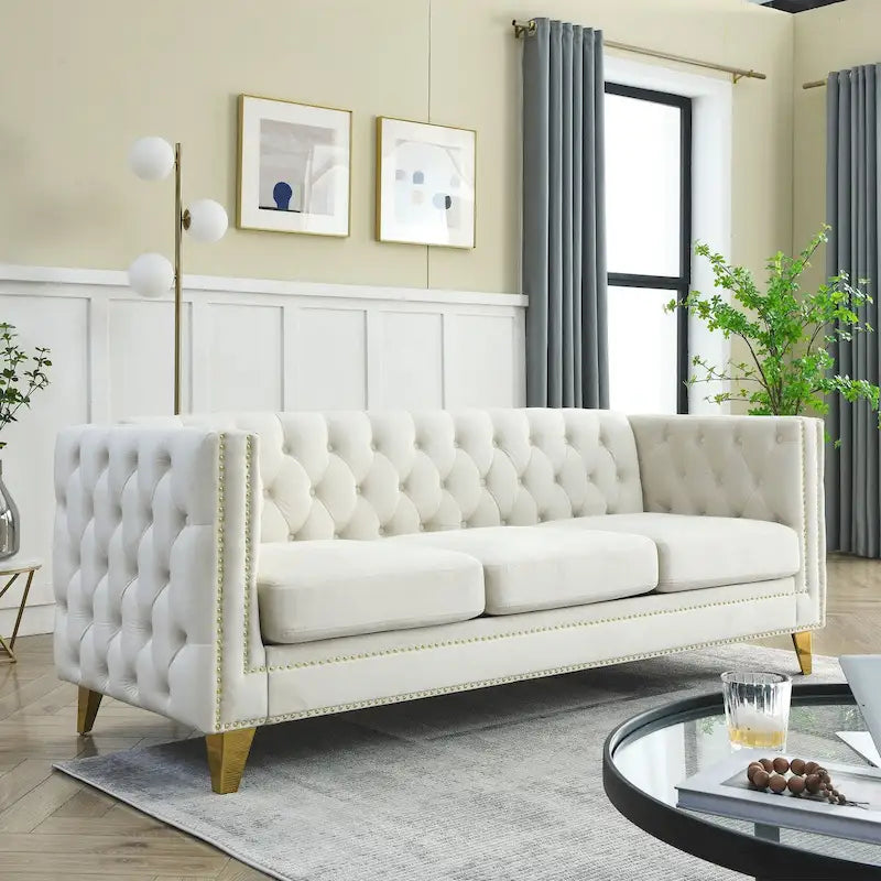 Canapé 3 places en velours, canapé Chesterfield classique avec boutons touffetés, accoudoirs carrés, clous décoratifs et pieds en métal
