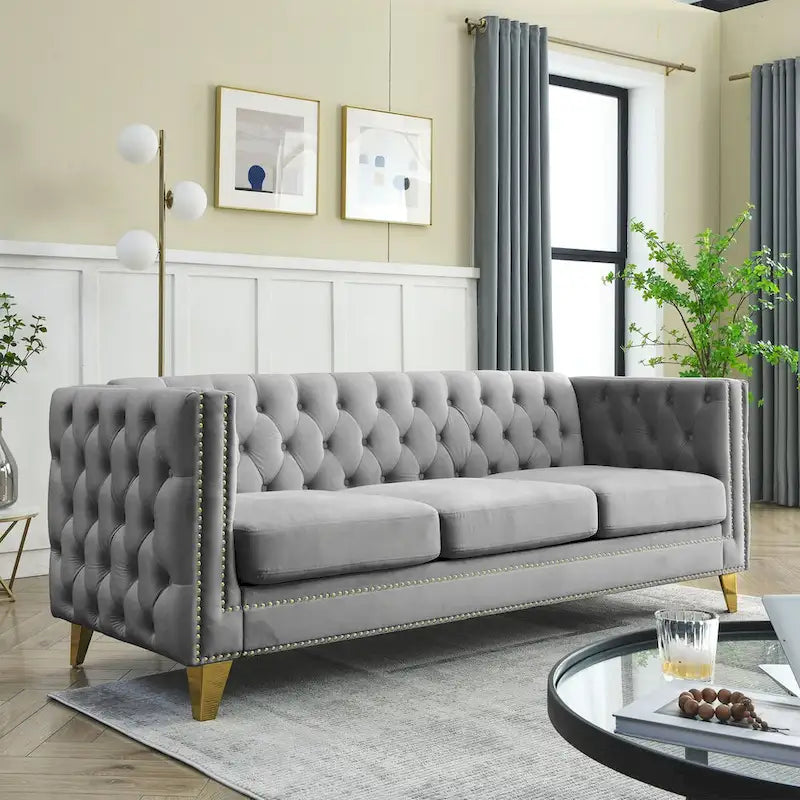 Canapé 3 places en velours, canapé Chesterfield classique avec boutons touffetés, accoudoirs carrés, clous décoratifs et pieds en métal