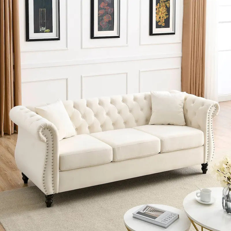 Canapé 3 places en velours, canapé Chesterfield classique avec boutons touffetés, accoudoirs carrés, clous décoratifs et pieds en métal