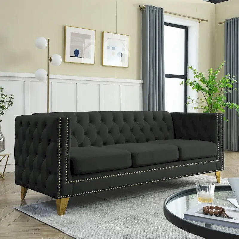 Canapé 3 places en velours, canapé Chesterfield classique avec boutons touffetés, accoudoirs carrés, clous décoratifs et pieds en métal