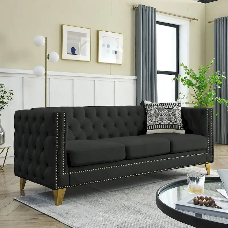 Canapé 3 places en velours, canapé Chesterfield classique avec boutons touffetés, accoudoirs carrés, clous décoratifs et pieds en métal