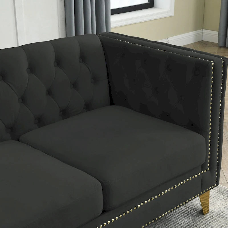 Canapé 3 places en velours, canapé Chesterfield classique avec boutons touffetés, accoudoirs carrés, clous décoratifs et pieds en métal