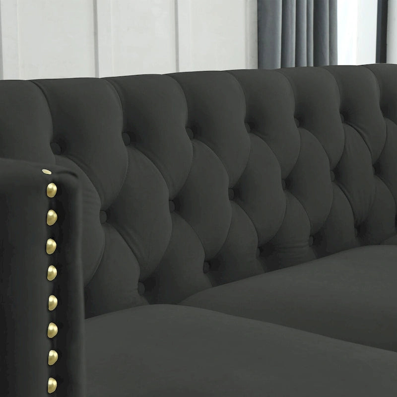 Canapé 3 places en velours, canapé Chesterfield classique avec boutons touffetés, accoudoirs carrés, clous décoratifs et pieds en métal