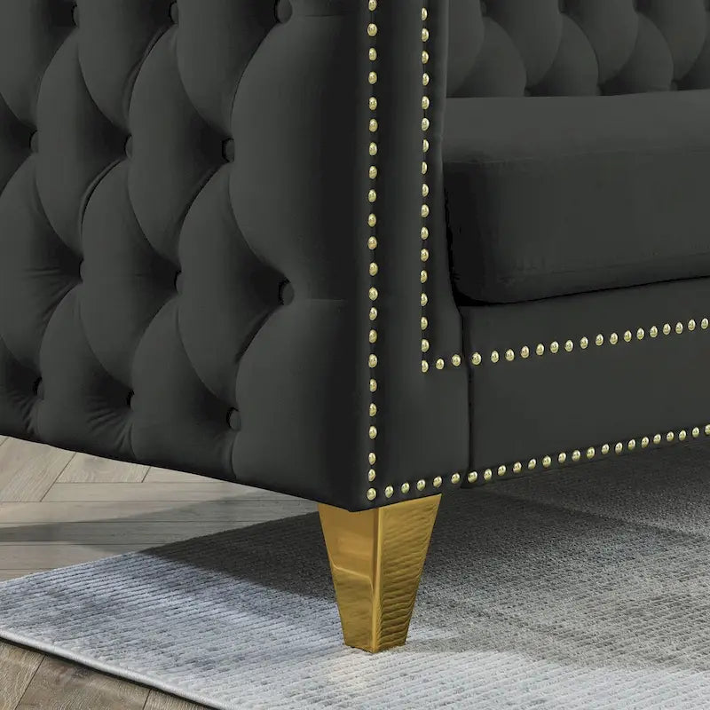 Canapé 3 places en velours, canapé Chesterfield classique avec boutons touffetés, accoudoirs carrés, clous décoratifs et pieds en métal
