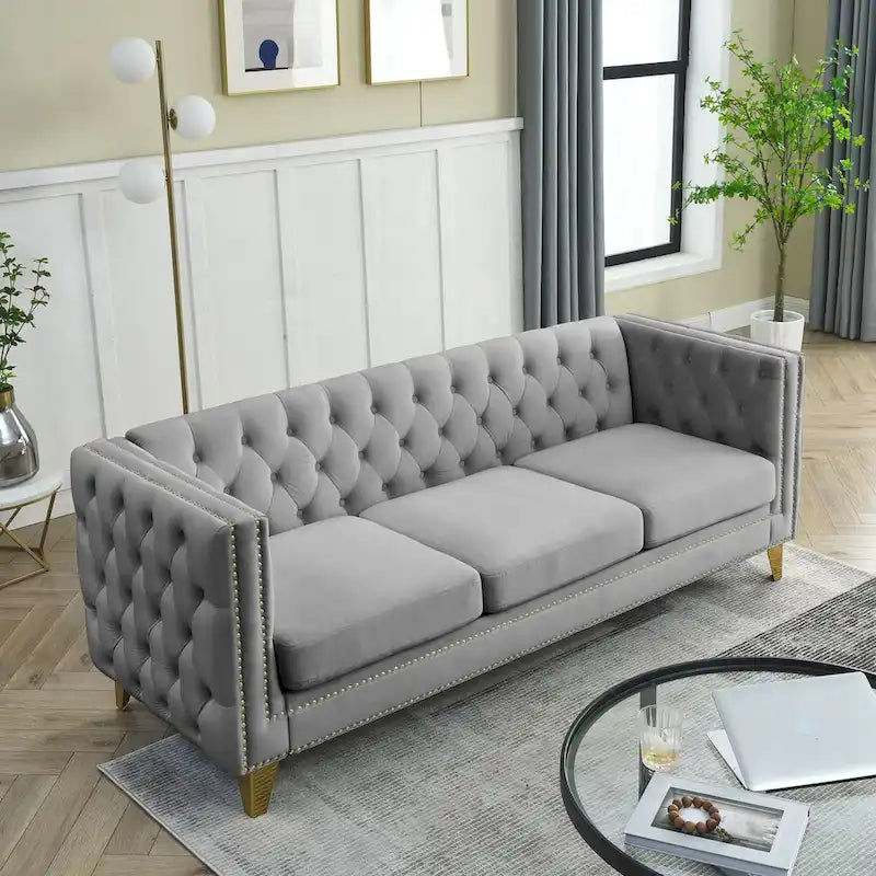 Canapé 3 places en velours, canapé Chesterfield classique avec boutons touffetés, accoudoirs carrés, clous décoratifs et pieds en métal
