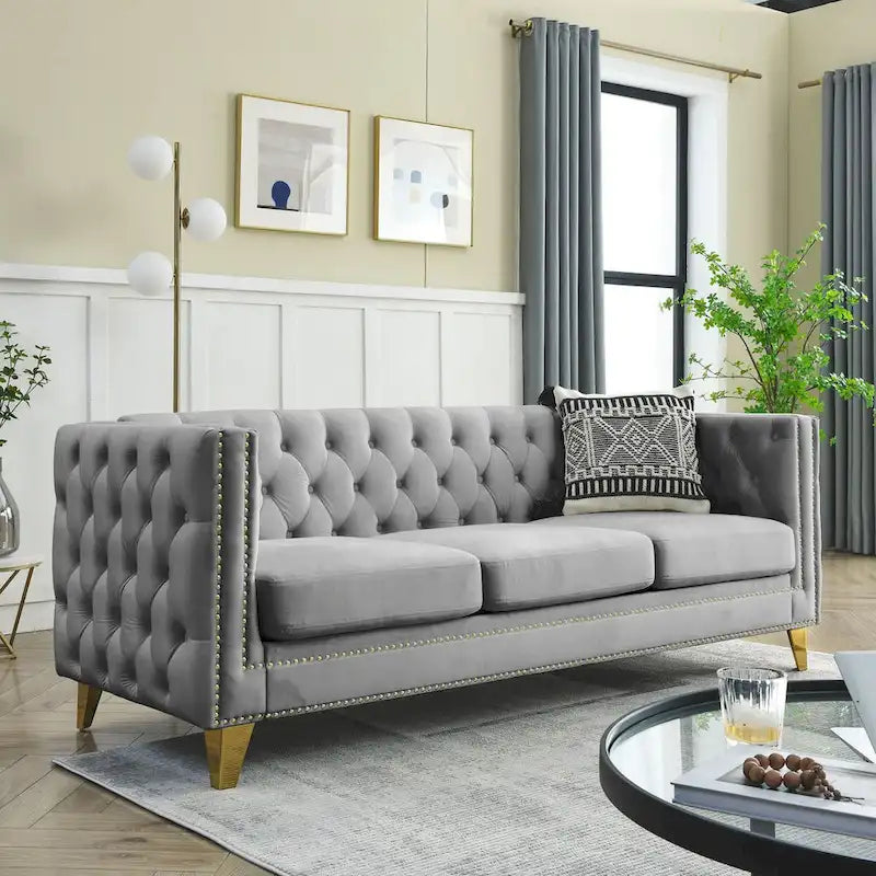 Canapé 3 places en velours, canapé Chesterfield classique avec boutons touffetés, accoudoirs carrés, clous décoratifs et pieds en métal