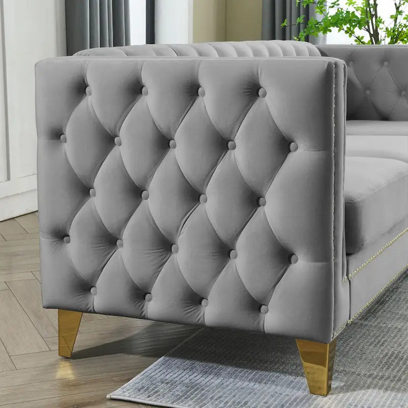Canapé 3 places en velours, canapé Chesterfield classique avec boutons touffetés, accoudoirs carrés, clous décoratifs et pieds en métal